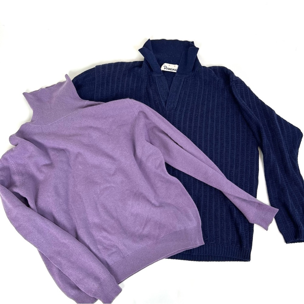 For repair - women Cashmere lavender and men cotton blue sweaters